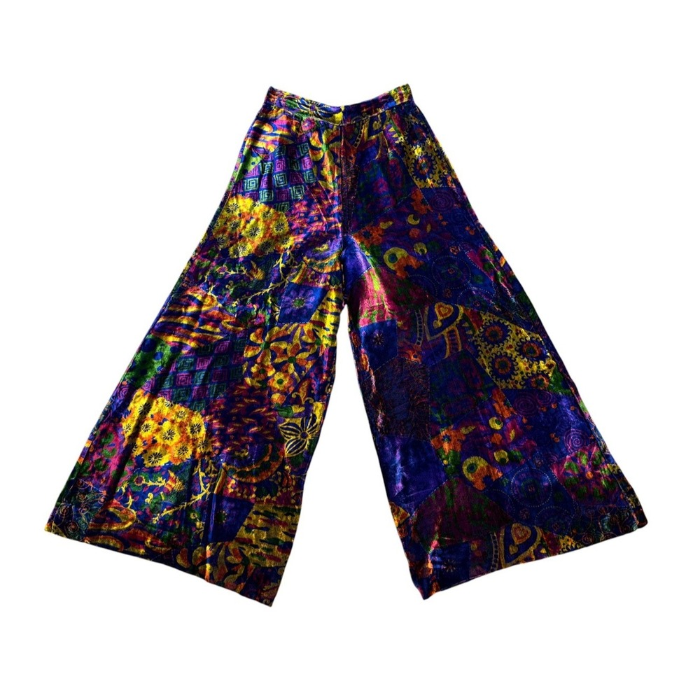 Vintage 1970s F.A. Chatta Velvet Wide Leg Pants Paisley Print Boho  27"x40" XS/S